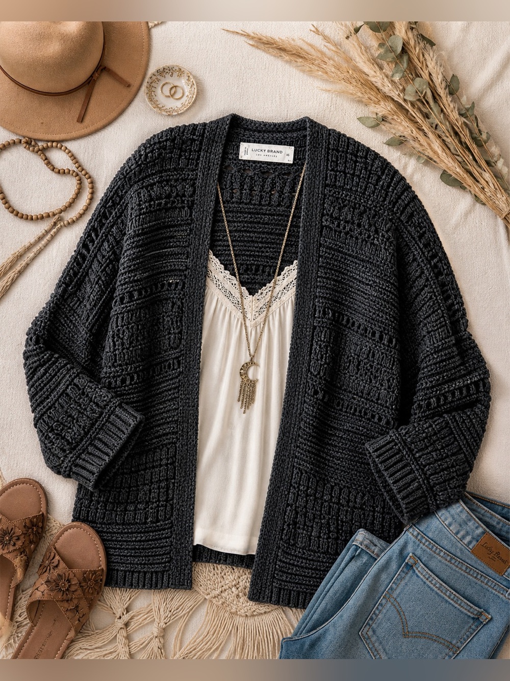 Lucky Brand Crochet Cardigan Black Acid Wash Size XS NWOT